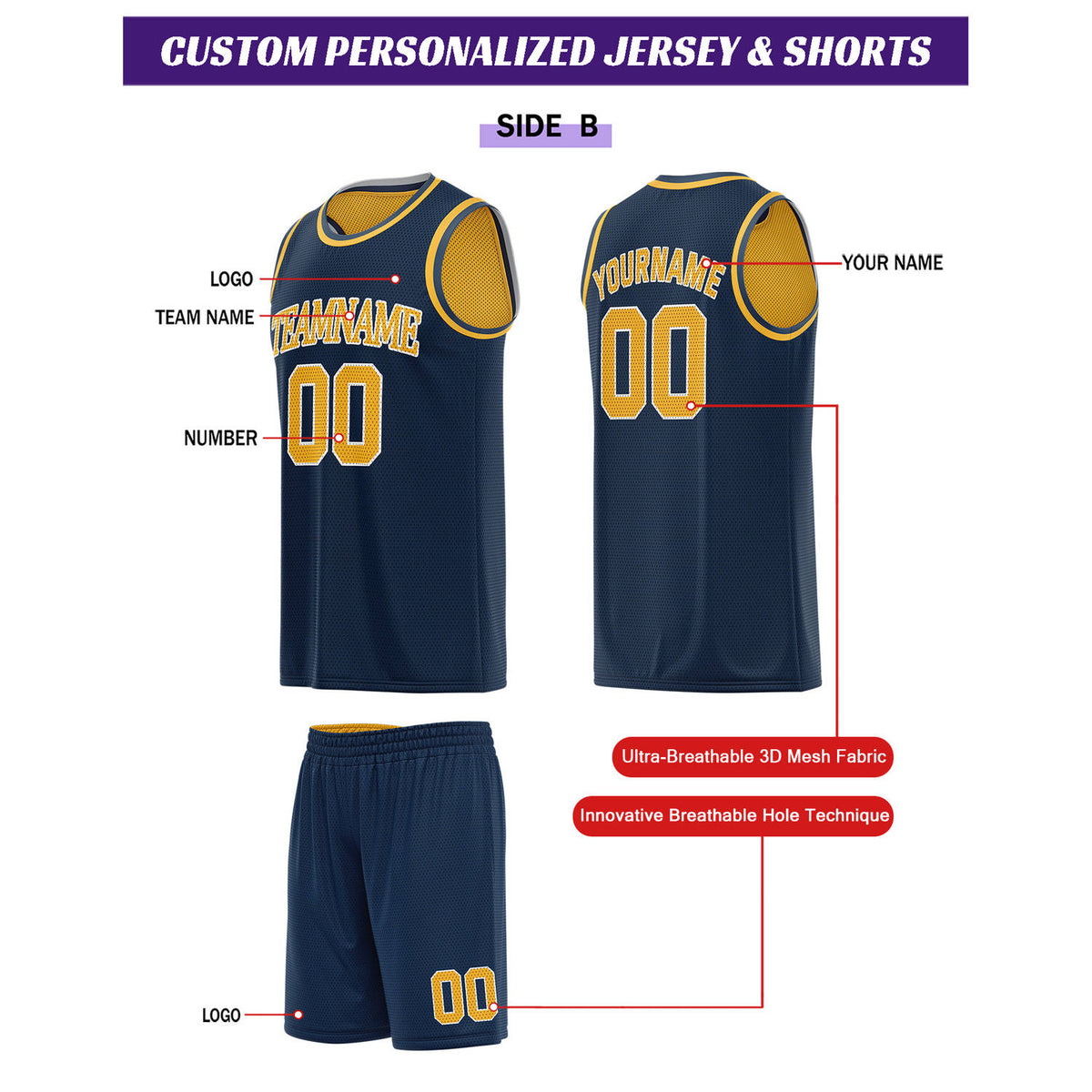 Custom Reversible Gold & Navy Basketball Uniform Set | Personalized for Team Sports Practice - Vosoli