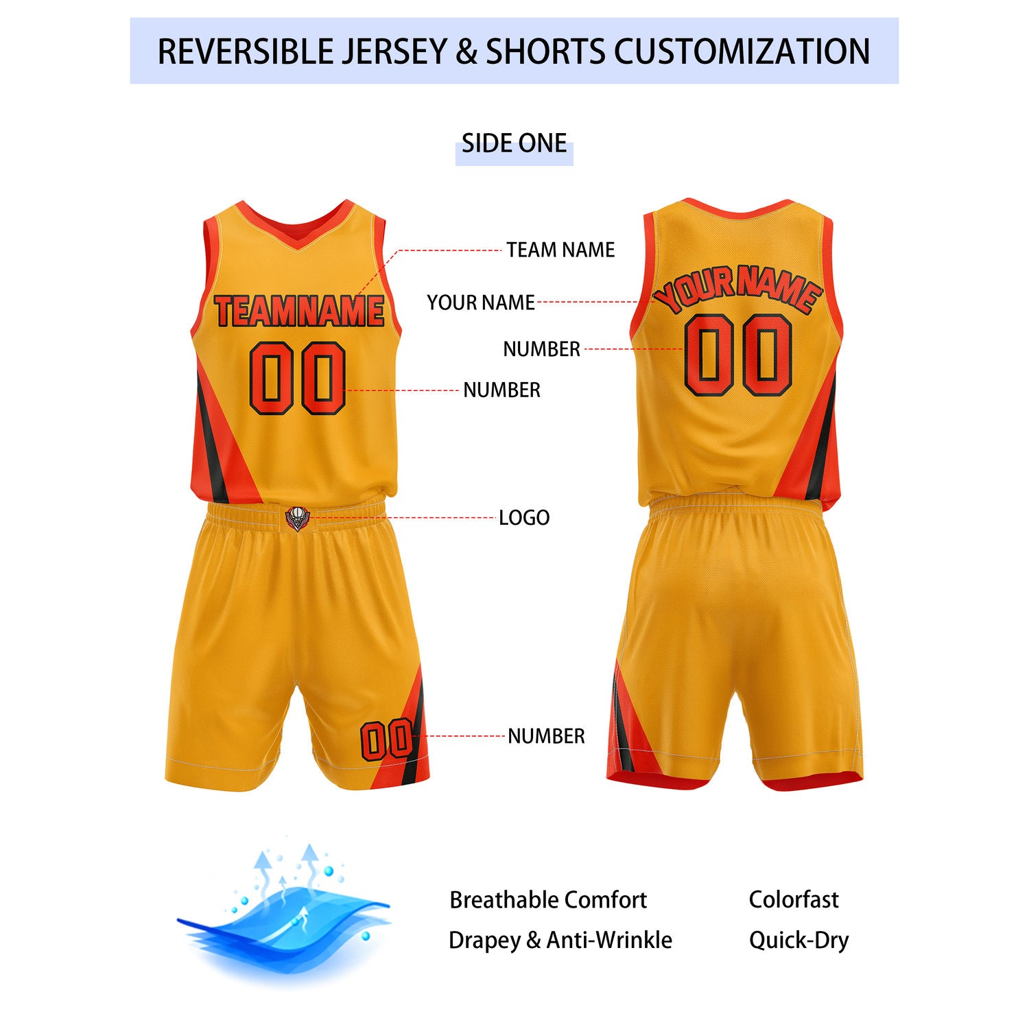 Custom Reversible Gold Orange Basketball Uniform Set | Team & Player Name - Vosoli