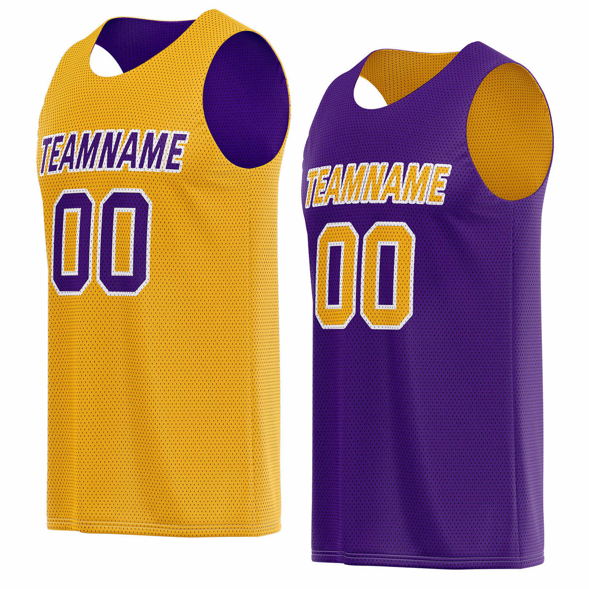 Custom reversible yellow &amp; purple basketball jersey, personalized team name number logo breathable mesh sports top for men women youth game practice wear - Vosoli