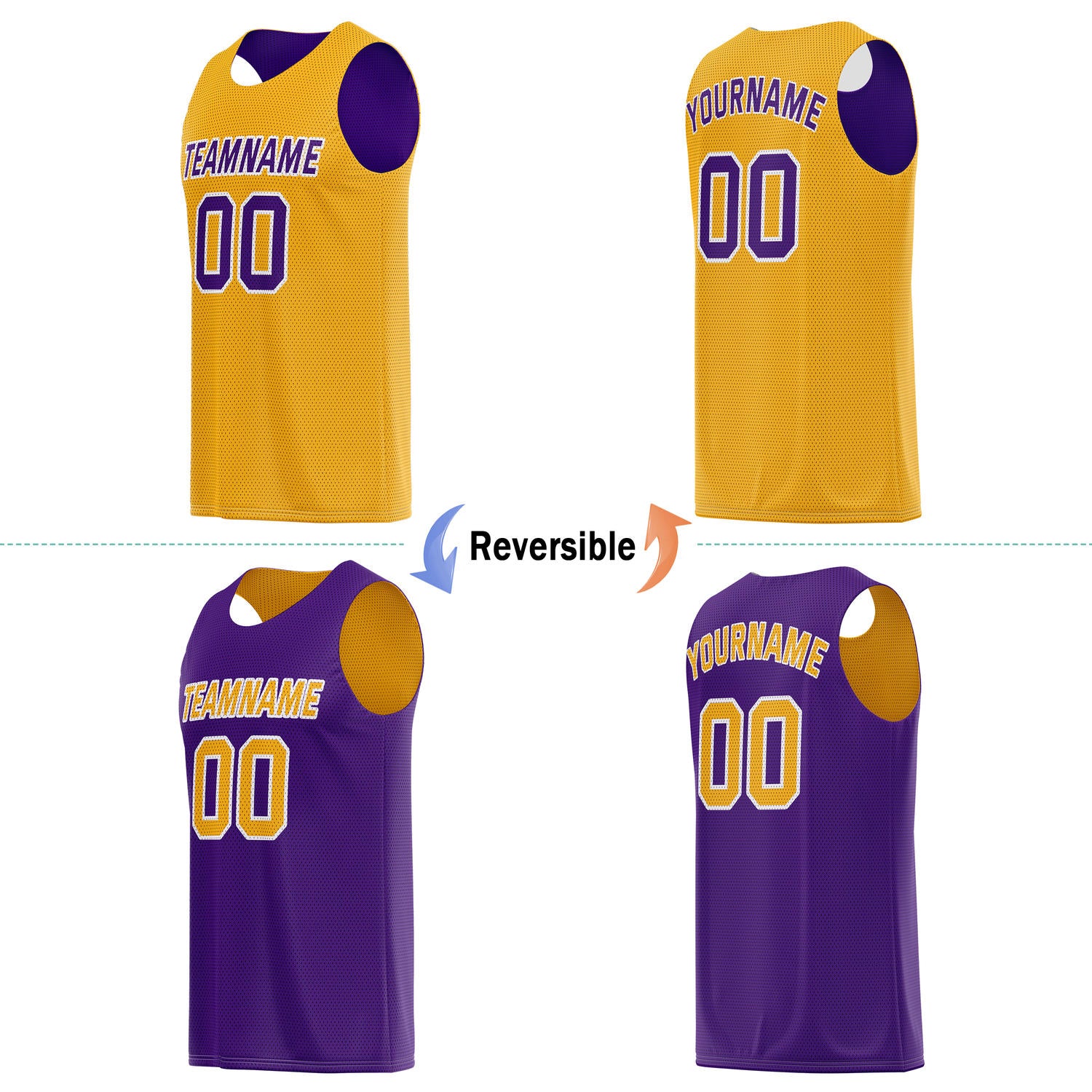 Custom reversible yellow & purple basketball jersey, personalized team name number logo breathable mesh sports top for men women youth game practice wear - Vosoli