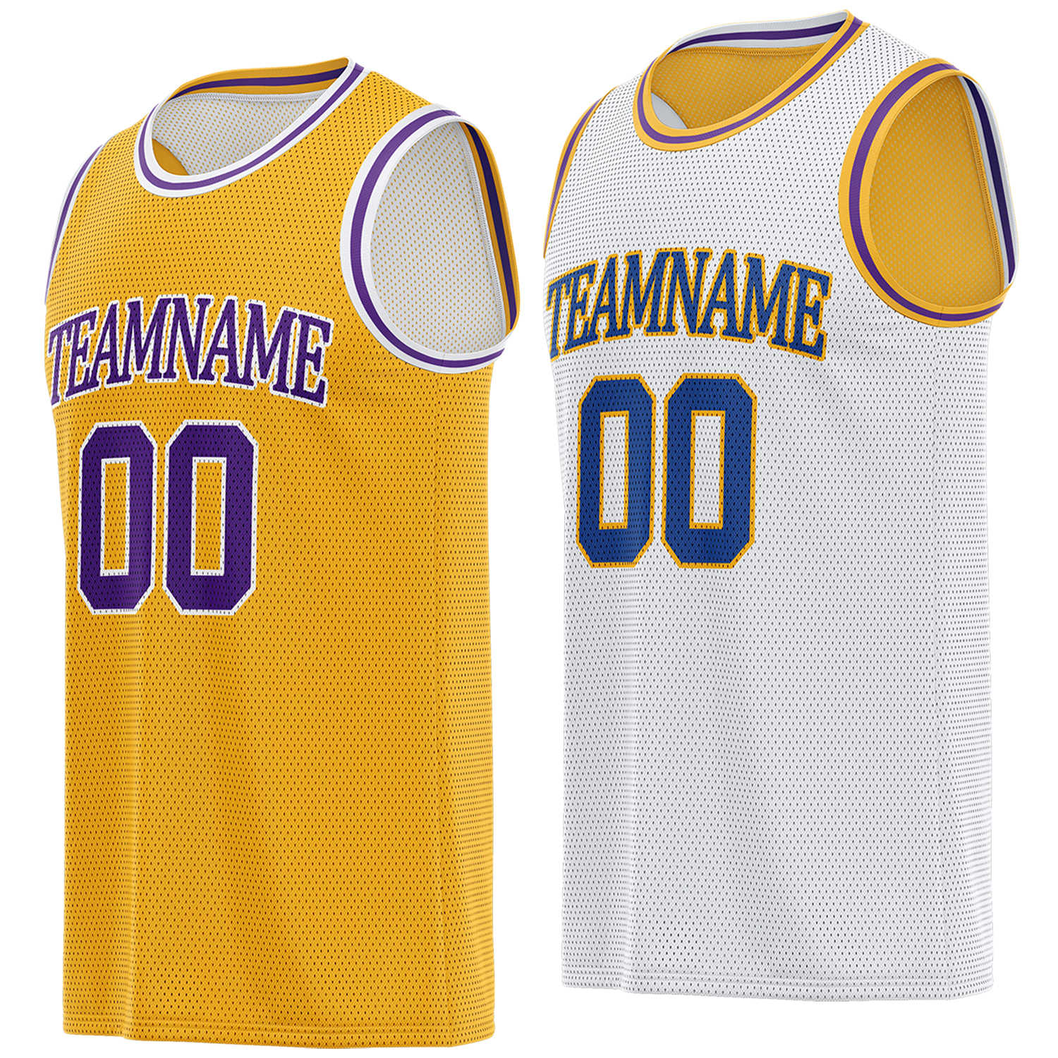Custom reversible gold & white basketball jersey, personalized team name number logo breathable mesh sports top for men women youth game practice - Vosoli