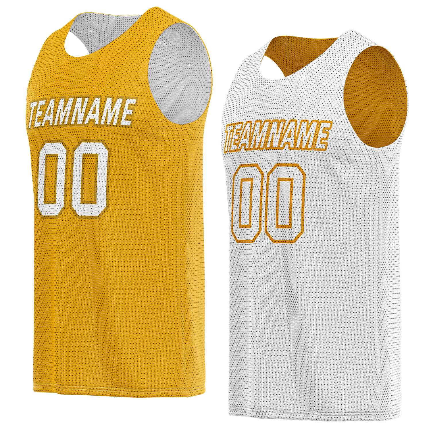 Custom reversible gold & white basketball jersey, personalized team name number logo breathable mesh sports top for men women youth game practice wear - Vosoli