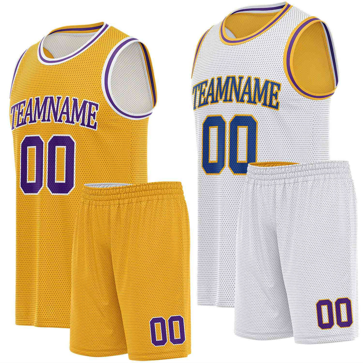 Custom reversible gold &amp; white basketball uniform set, personalized team name number logo breathable mesh sports jersey and shorts for men women youth game practice - Vosoli