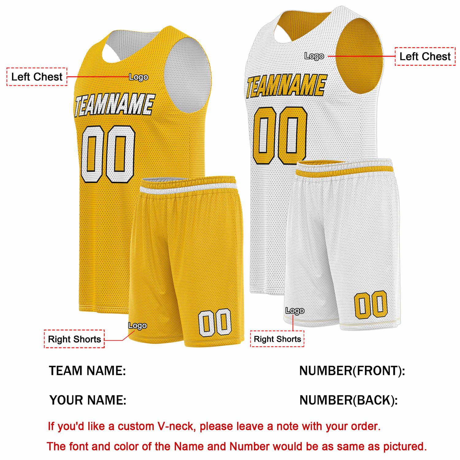 Custom Reversible Gold White Basketball Uniform Set | Team Name & Number - Vosoli