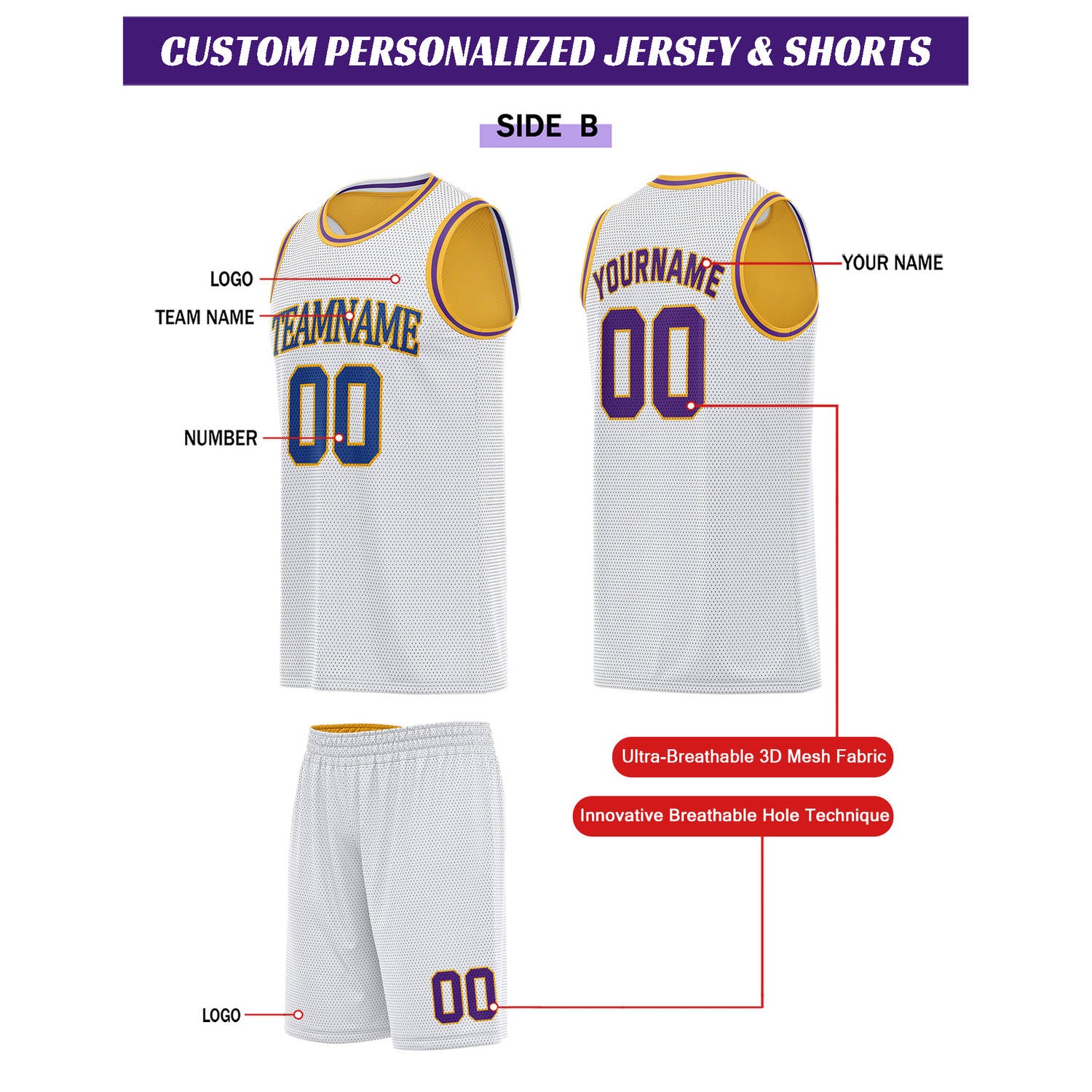 Custom Reversible Gold & White Basketball Uniform Set | Personalized for Team Sports Practice - Vosoli
