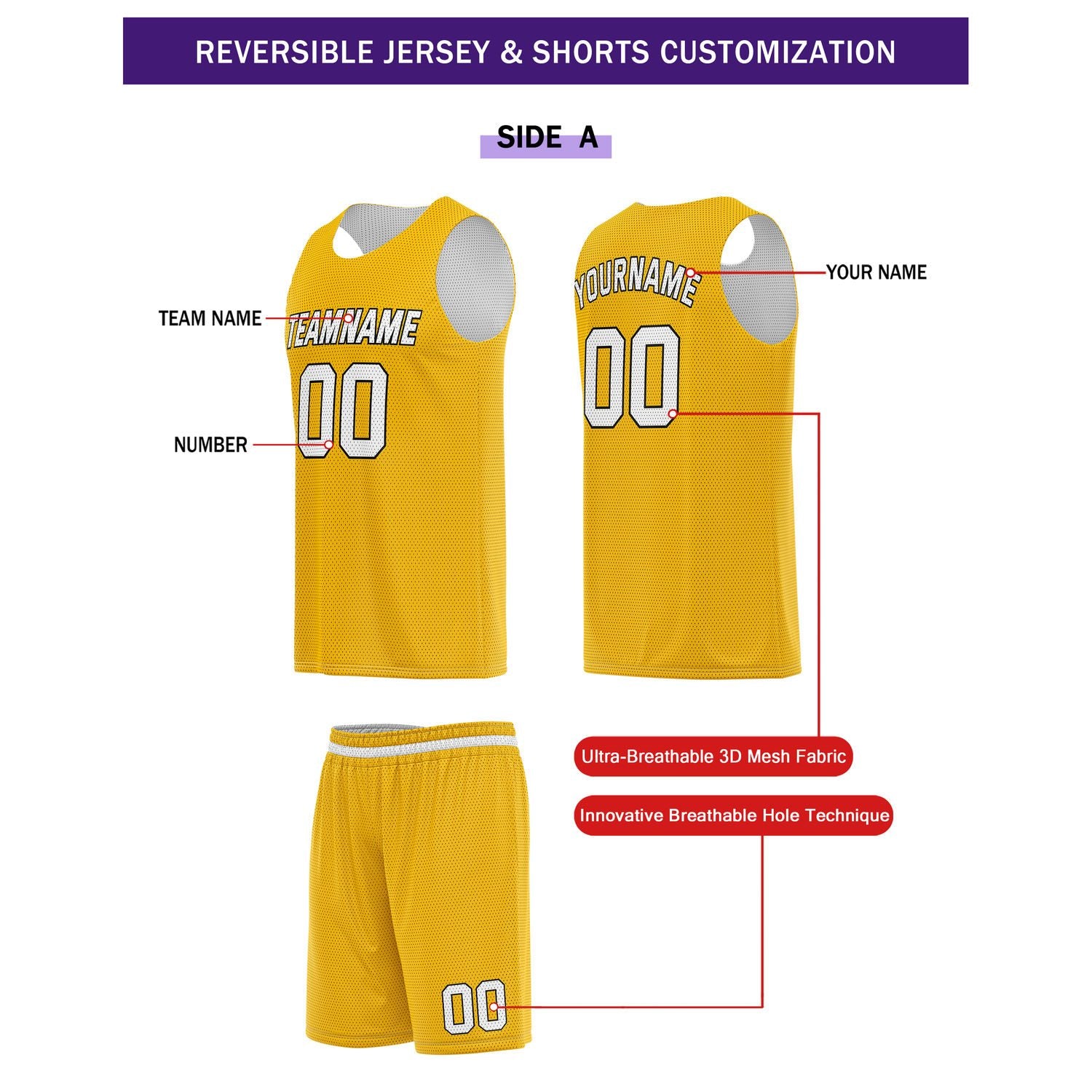 Custom Reversible Gold White Basketball Uniform Set | Team Name & Number - Vosoli