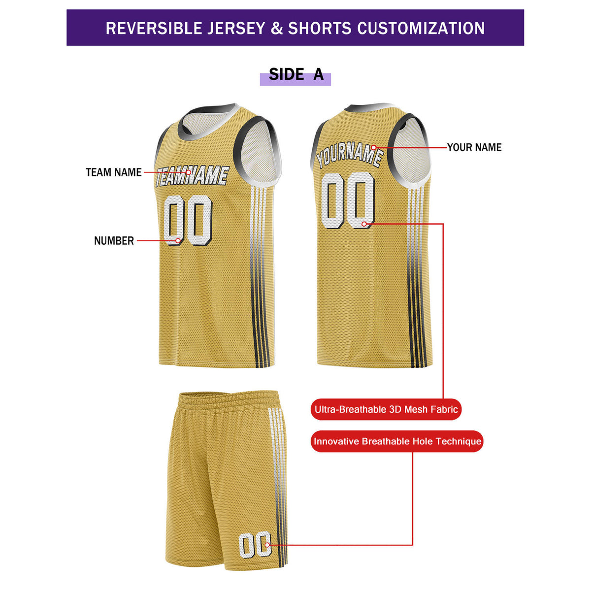 Custom Reversible Gold White Basketball Uniform Set | Team & Player Name - Vosoli