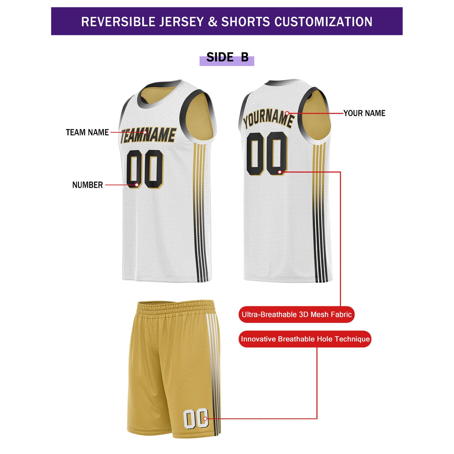 Custom Reversible Gold White Basketball Uniform Set | Team & Player Name - Vosoli