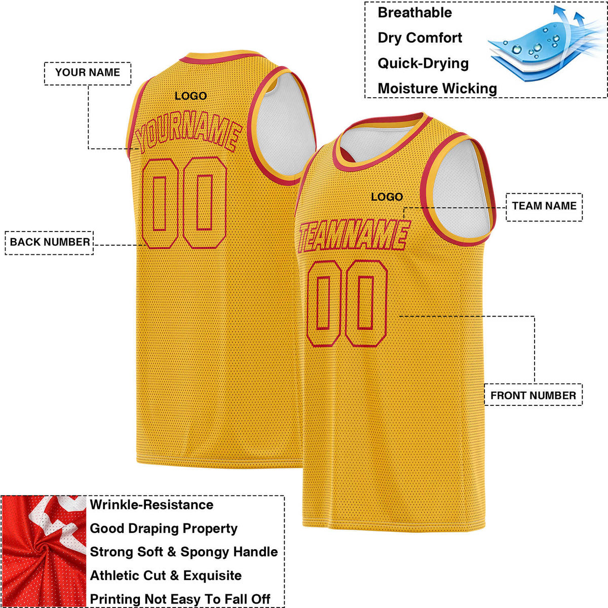 Custom Reversible Gold & White Mesh Basketball Jersey | Personalized Team Jersey | Vosoli