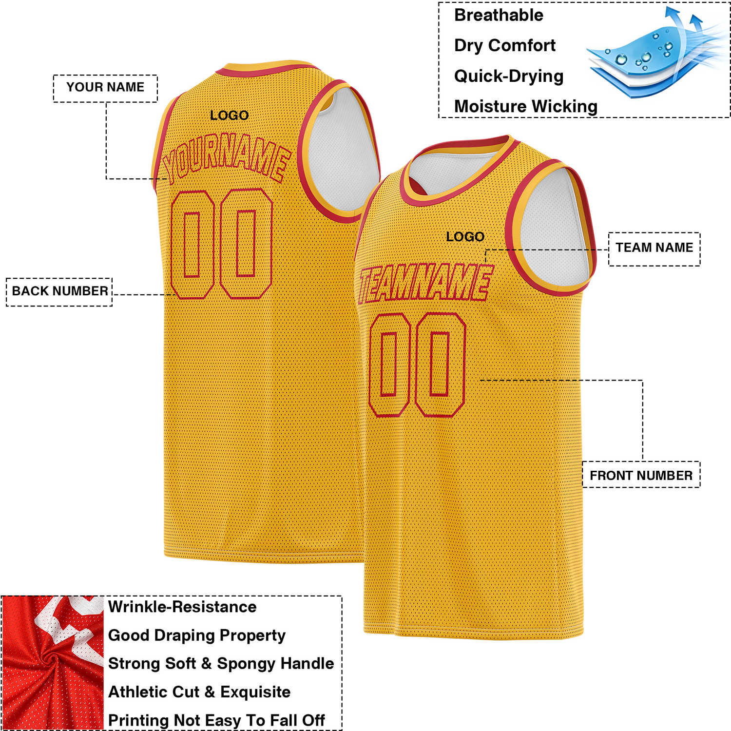 Custom Reversible Gold & White Mesh Basketball Jersey | Personalized Team Jersey | Vosoli