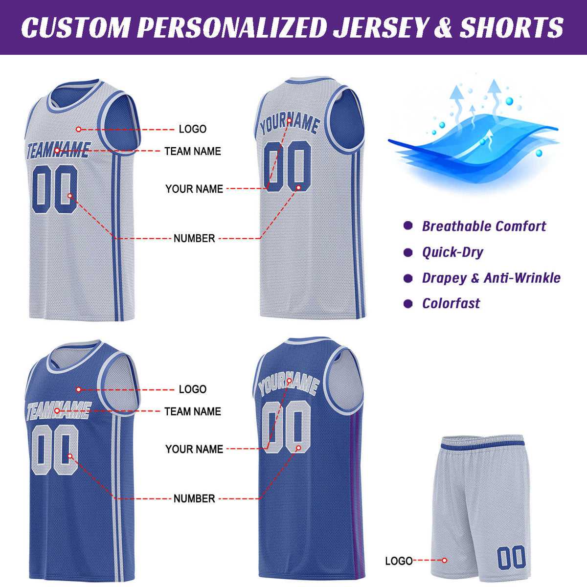 Custom Reversible Gray & Blue Basketball Uniform | Jersey & Shorts Set - Vosoli