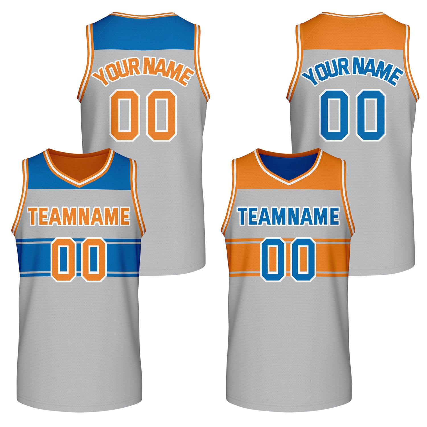 Custom Reversible Gray Blue Orange Block Basketball Jersey | Team & Player Name - Vosoli