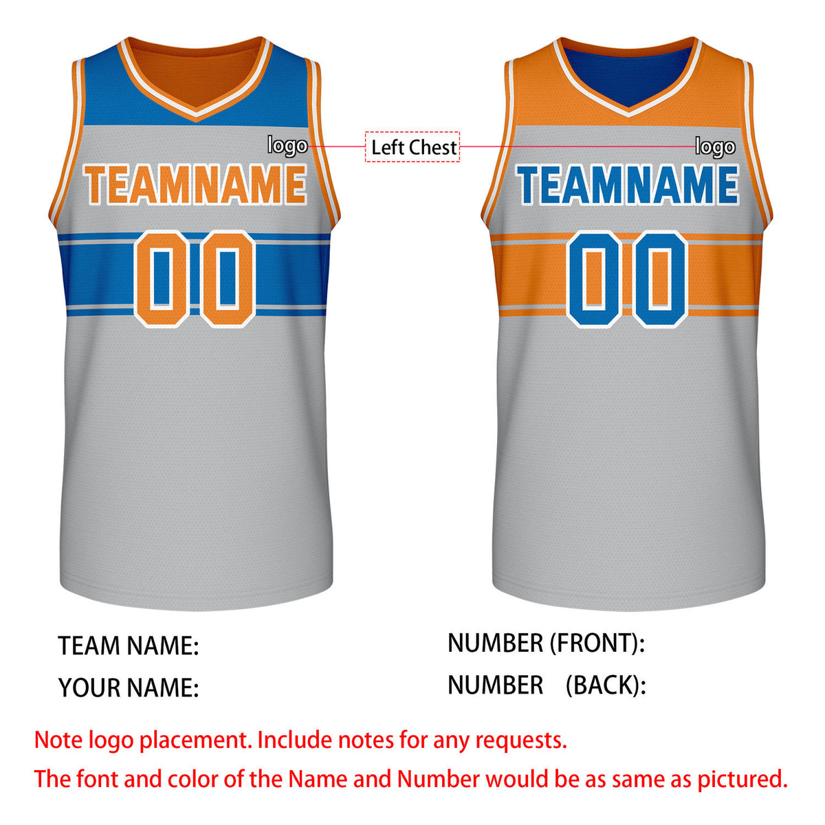Custom Reversible Gray Blue Orange Block Basketball Jersey | Team & Player Name - Vosoli