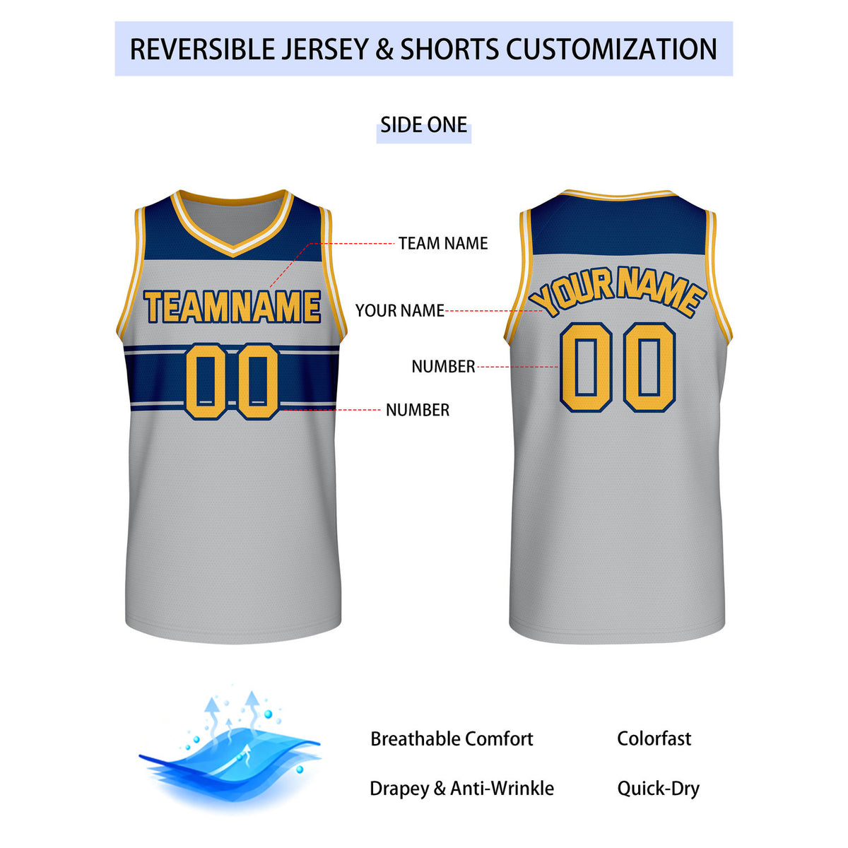 Custom Reversible Gray Navy Gold Block Basketball Jersey | Team & Player Name - Vosoli