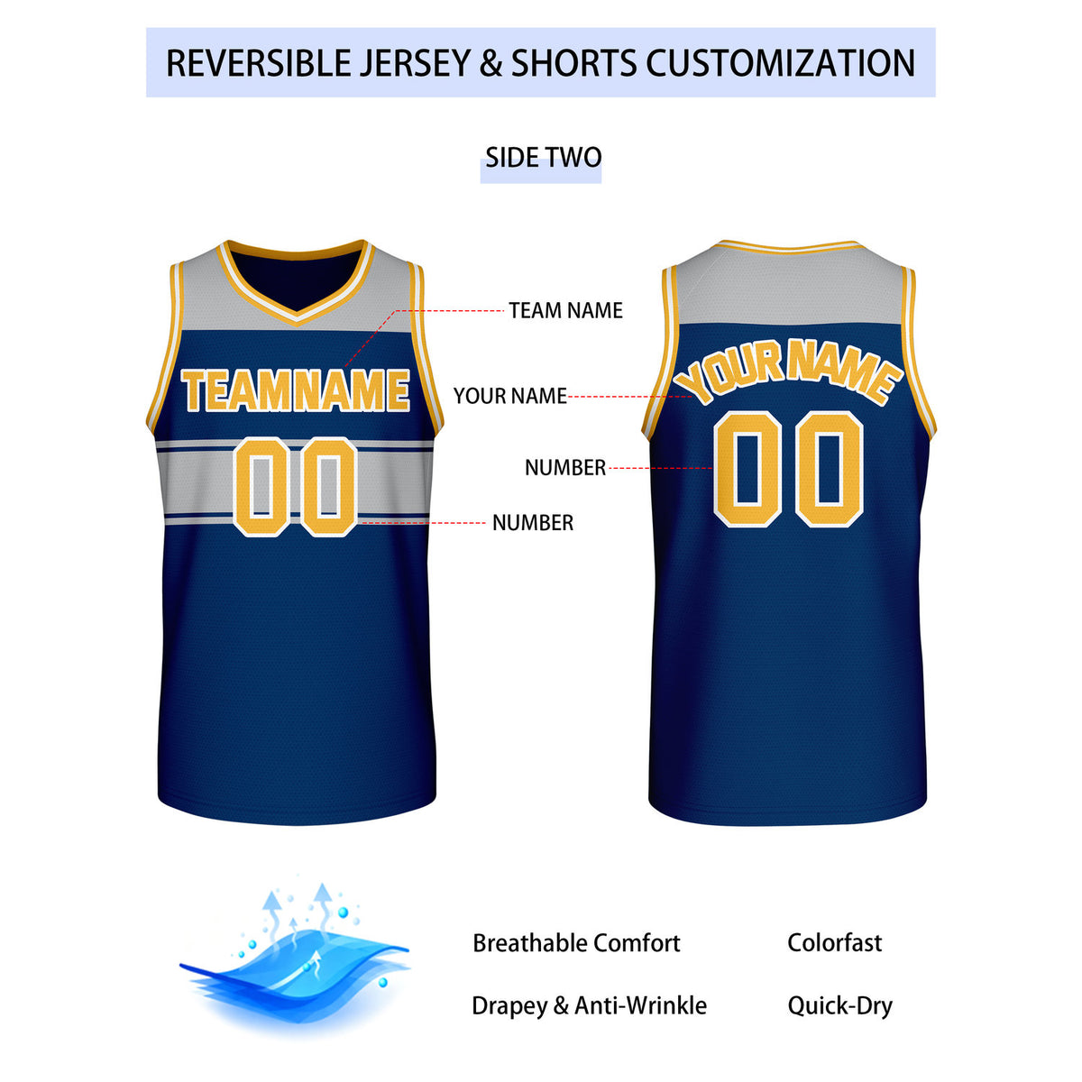 Custom Reversible Gray Navy Gold Block Basketball Jersey | Team & Player Name - Vosoli