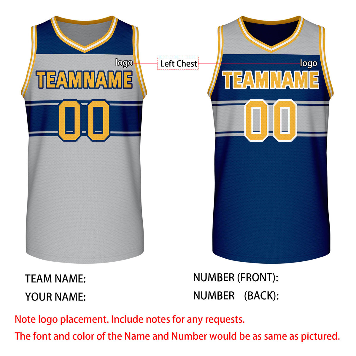 Custom Reversible Gray Navy Gold Block Basketball Jersey | Team & Player Name - Vosoli