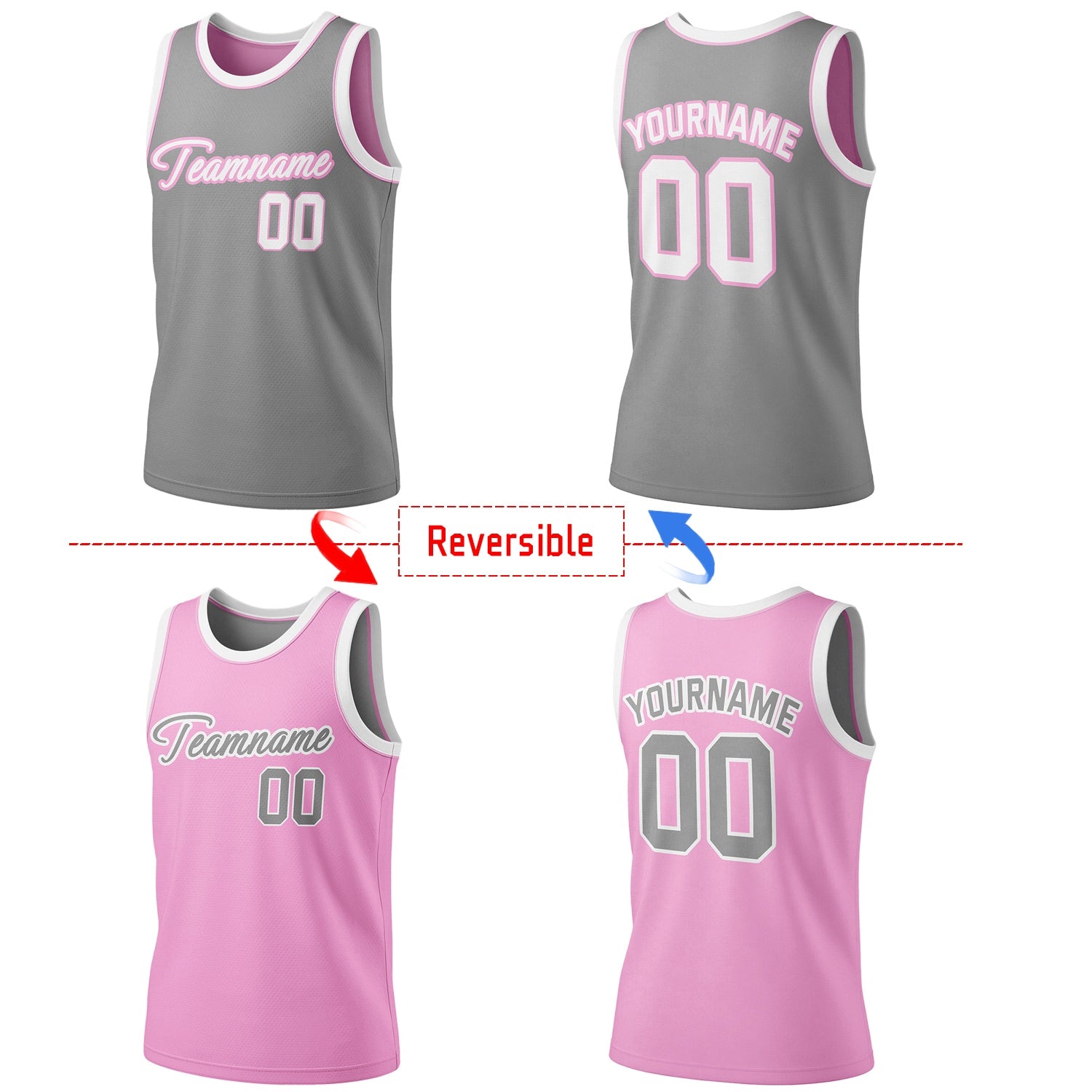 Custom reversible gray & pink basketball jersey, personalized script team name number Logo breathable sports top for men women youth Adult game practice - Vosoli