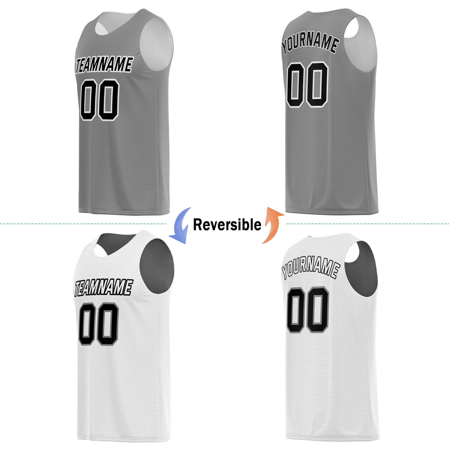 Custom reversible gray & white basketball jersey, personalized team name number logo breathable mesh sports top for men women youth game practice wear - Vosoli
