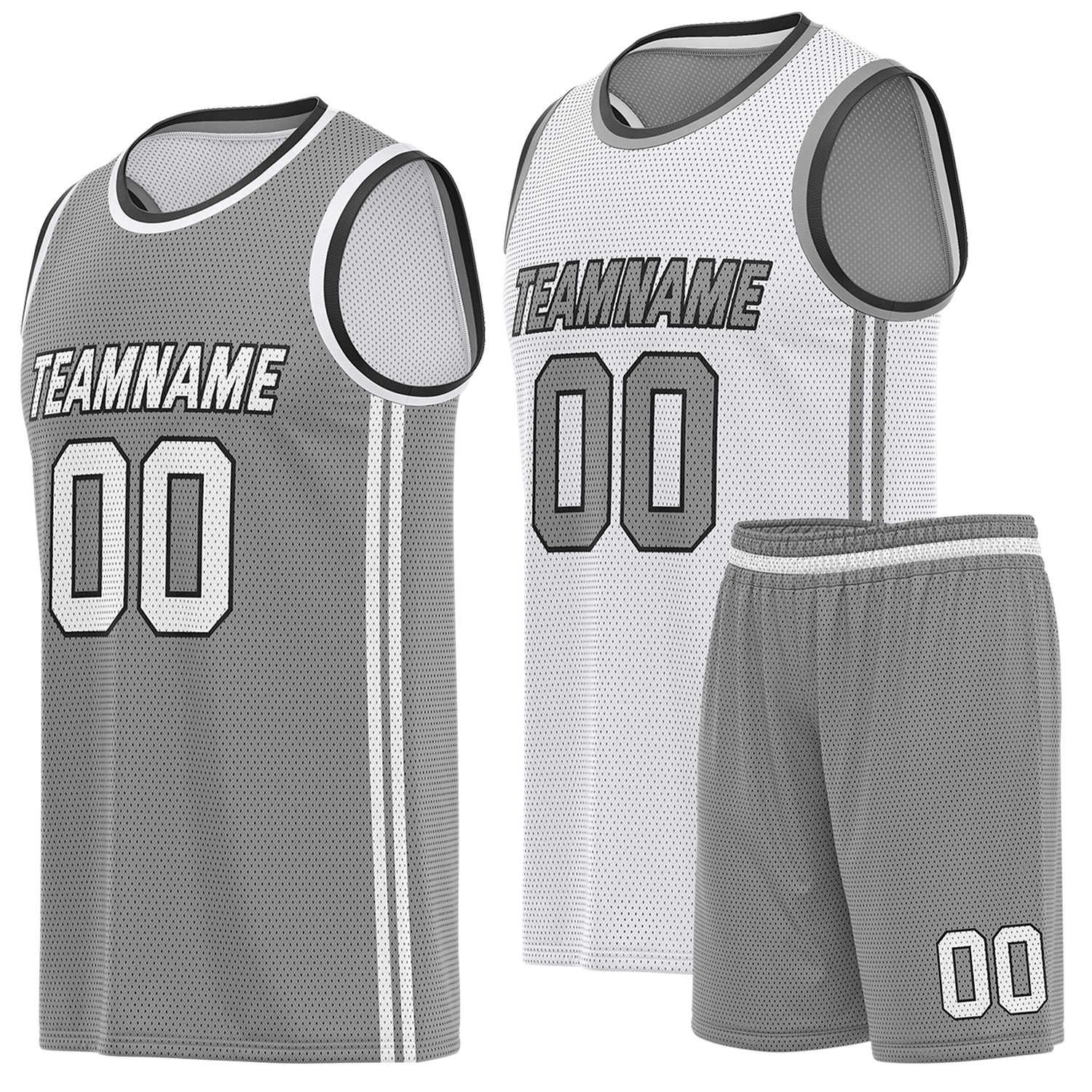 Custom reversible gray & white basketball uniform (jersey + shorts), personalized team name number logo breathable mesh sports set for men women youth game practice - Vosoli