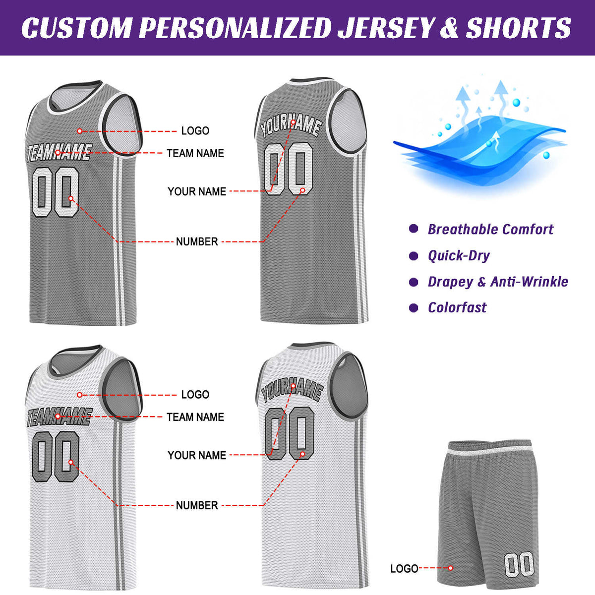 Custom Reversible Gray & White Basketball Uniform | Jersey & Shorts Set - Vosoli