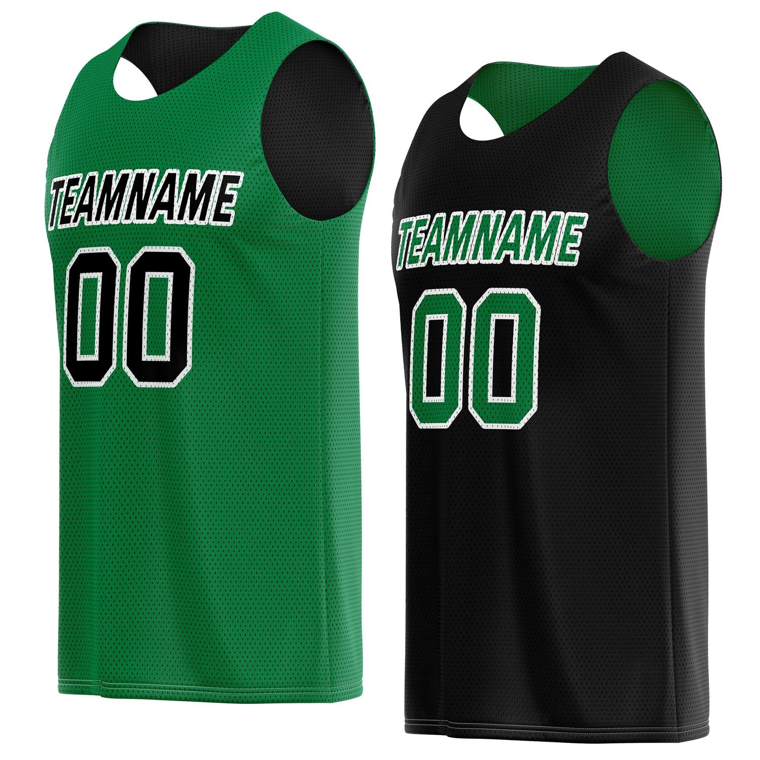 Custom reversible green & black basketball jersey, personalized team name number logo breathable mesh sports top for men women youth game practice wear - Vosoli