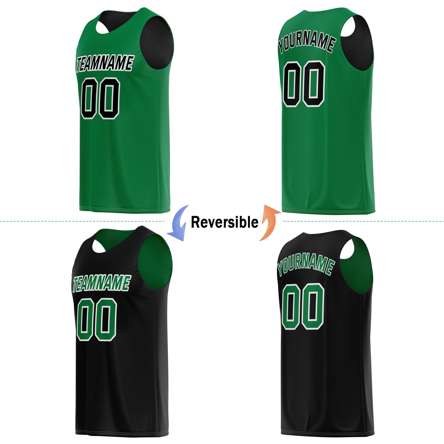 Custom reversible green & black basketball jersey, personalized team name number logo breathable mesh sports top for men women youth game practice wear - Vosoli