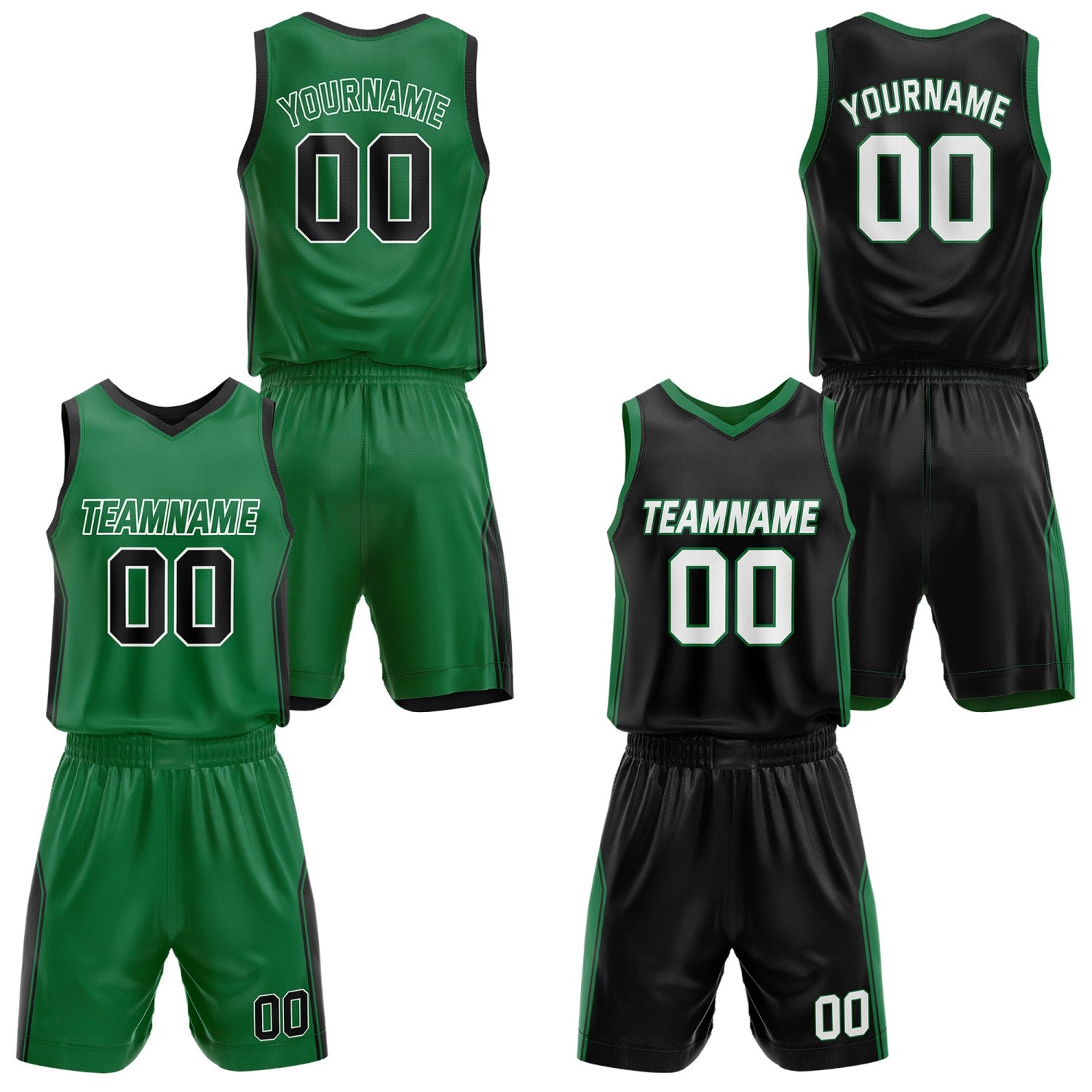 Custom Reversible Green Black Basketball Jersey and Shorts Set, Personalized Team Name Number Breathable Mesh Uniform for Men Women Youth