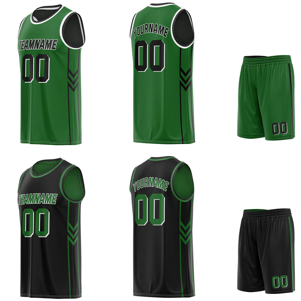 Custom reversible green &amp; black basketball uniform set, personalized with team name number and logo, breathable mesh fabric for men women youth game practice - Vosoli
