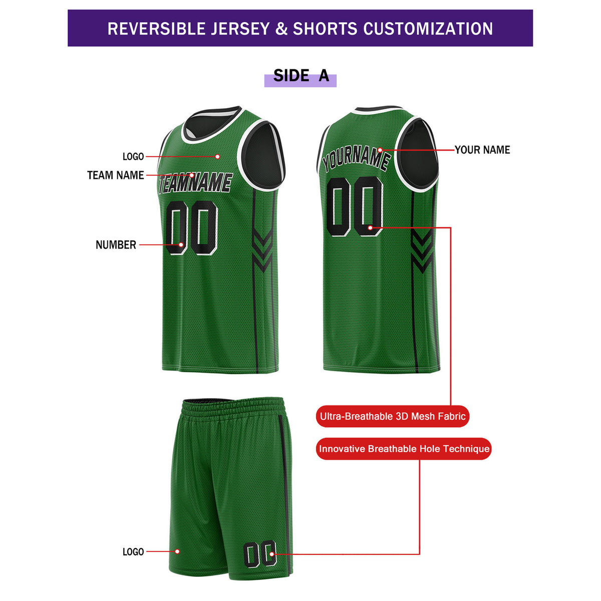Custom Reversible Green Black Basketball Uniform Set | Team Name & Number - Vosoli