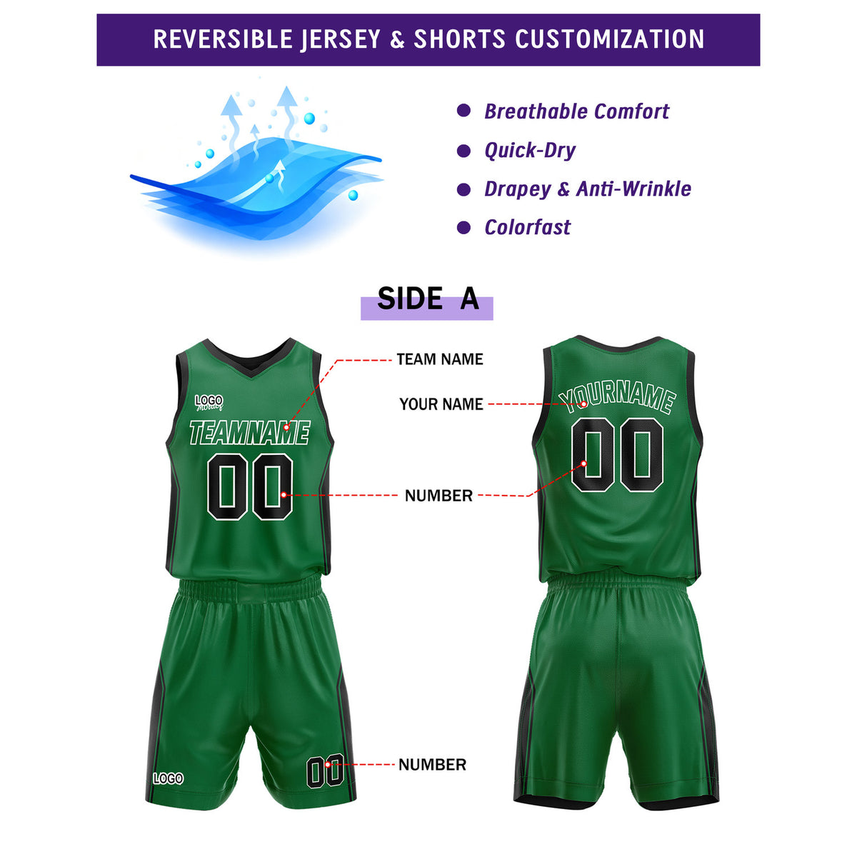 Custom Reversible Green Black Basketball Uniform Set | Personalized Name & Number - Vosoli