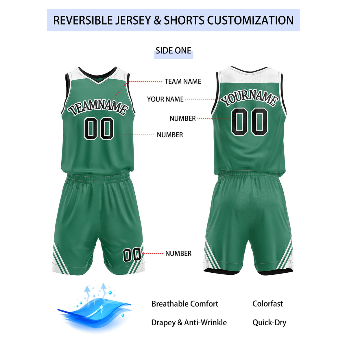 Custom Reversible Green Black Basketball Uniform Set | Team Name & Number - Vosoli
