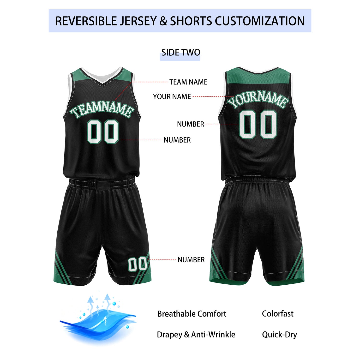 Custom Reversible Green Black Basketball Uniform Set | Team Name & Number - Vosoli