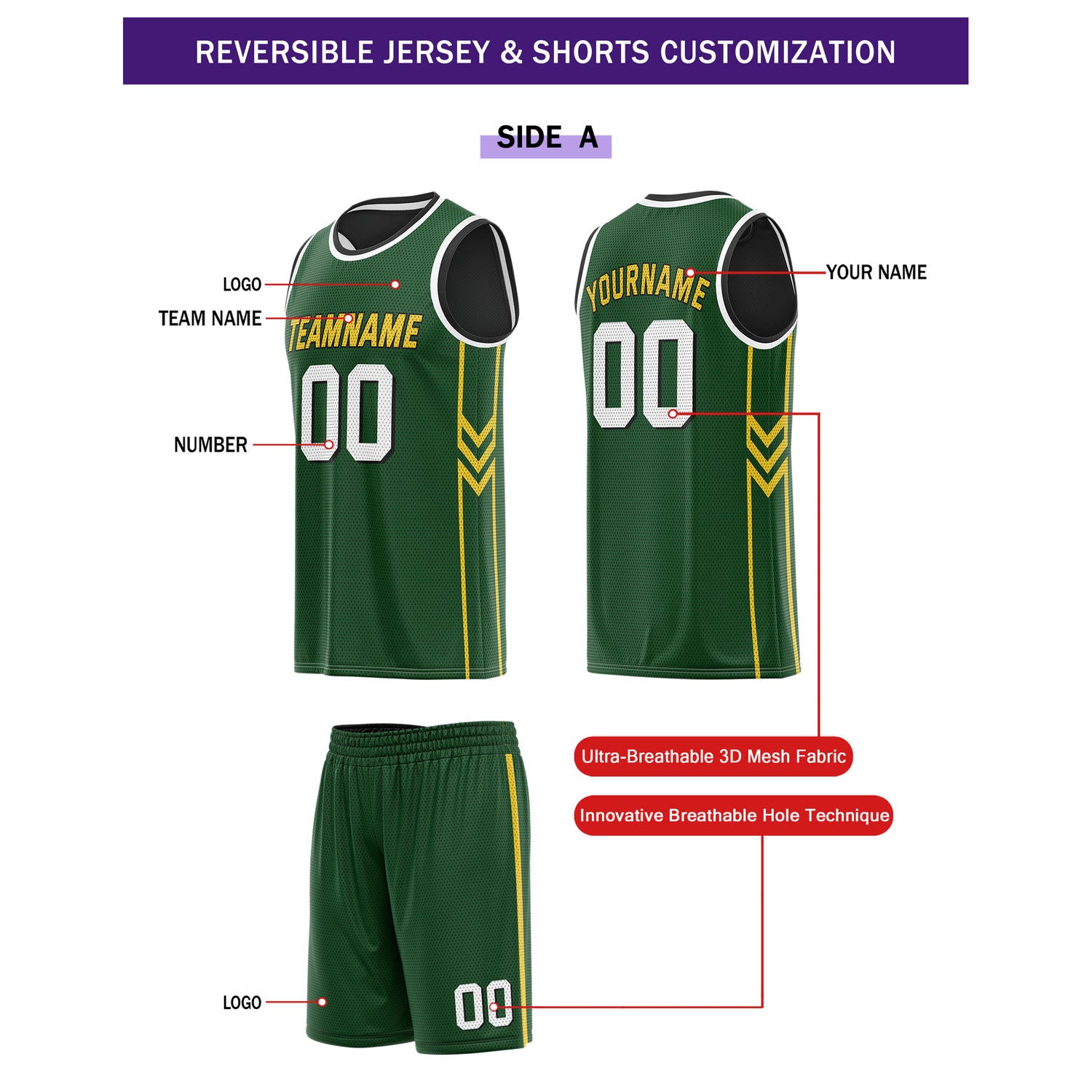 Custom Reversible Green Black Basketball Uniform Set | Team Name & Number - Vosoli