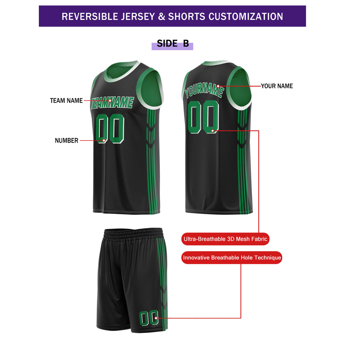 Custom Reversible Green Black Basketball Uniform Set | Team & Player Name - Vosoli