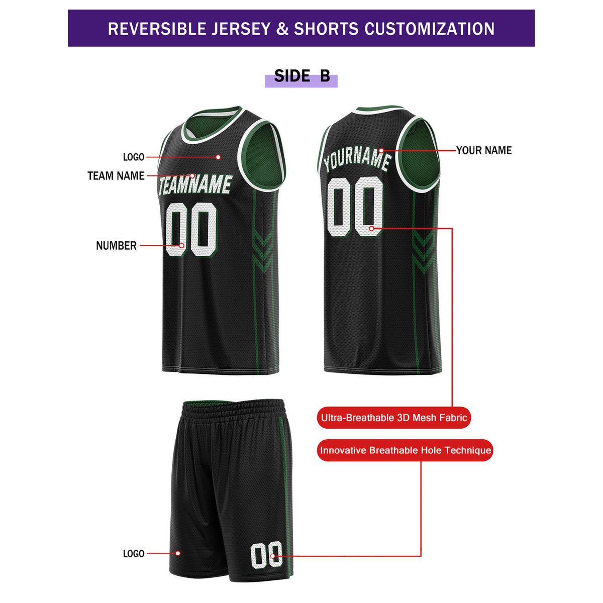 Custom Reversible Green Black Basketball Uniform Set | Team Name & Number - Vosoli