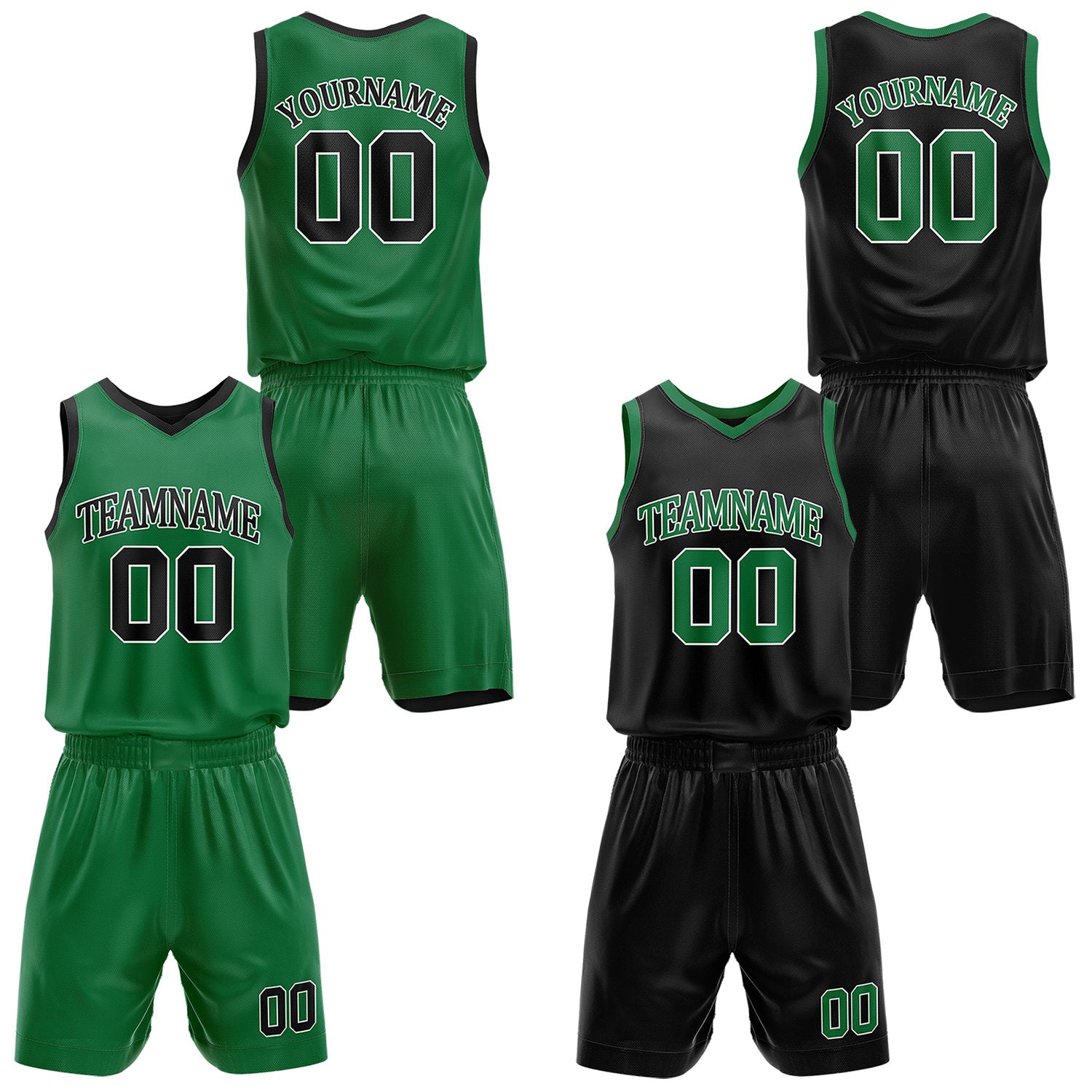 Custom reversible green & black basketball uniform set, personalized with team name number and logo, sports jersey and shorts for men women youth game practice - Vosoli