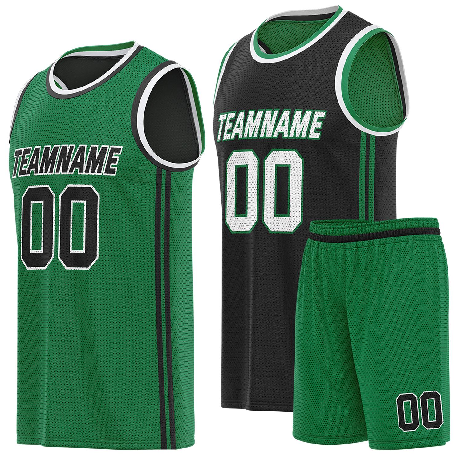 Custom reversible green & black basketball uniform (jersey + shorts), personalized team name number logo breathable mesh sports set for men women youth game practice - Vosoli
