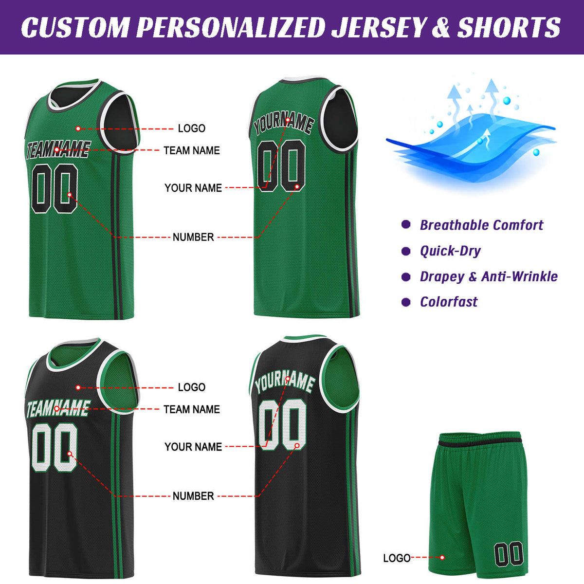 Custom Reversible Green & Black Basketball Uniform | Jersey & Shorts Set - Vosoli