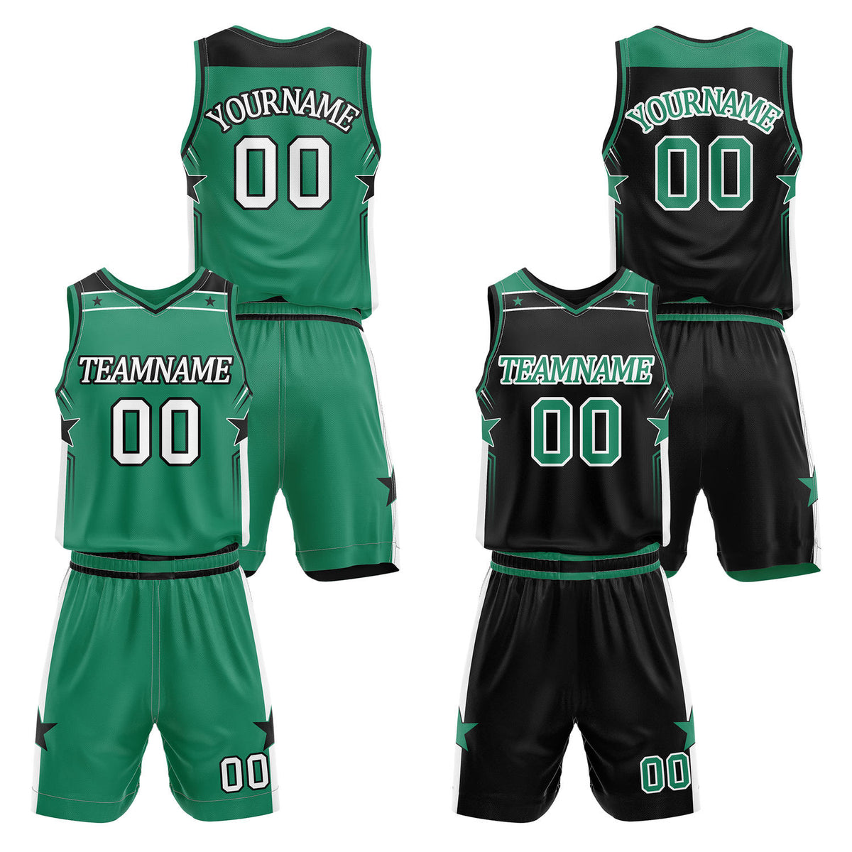 Custom reversible green &amp; black basketball uniform set, personalized with team name number and logo, breathable mesh fabric for men women youth game practice - Vosoli