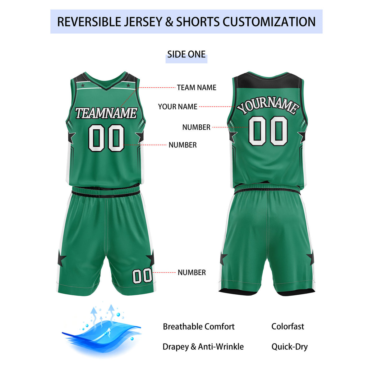 Custom Reversible Green Black Star Basketball Uniform Set | Team Name & Number - Vosoli