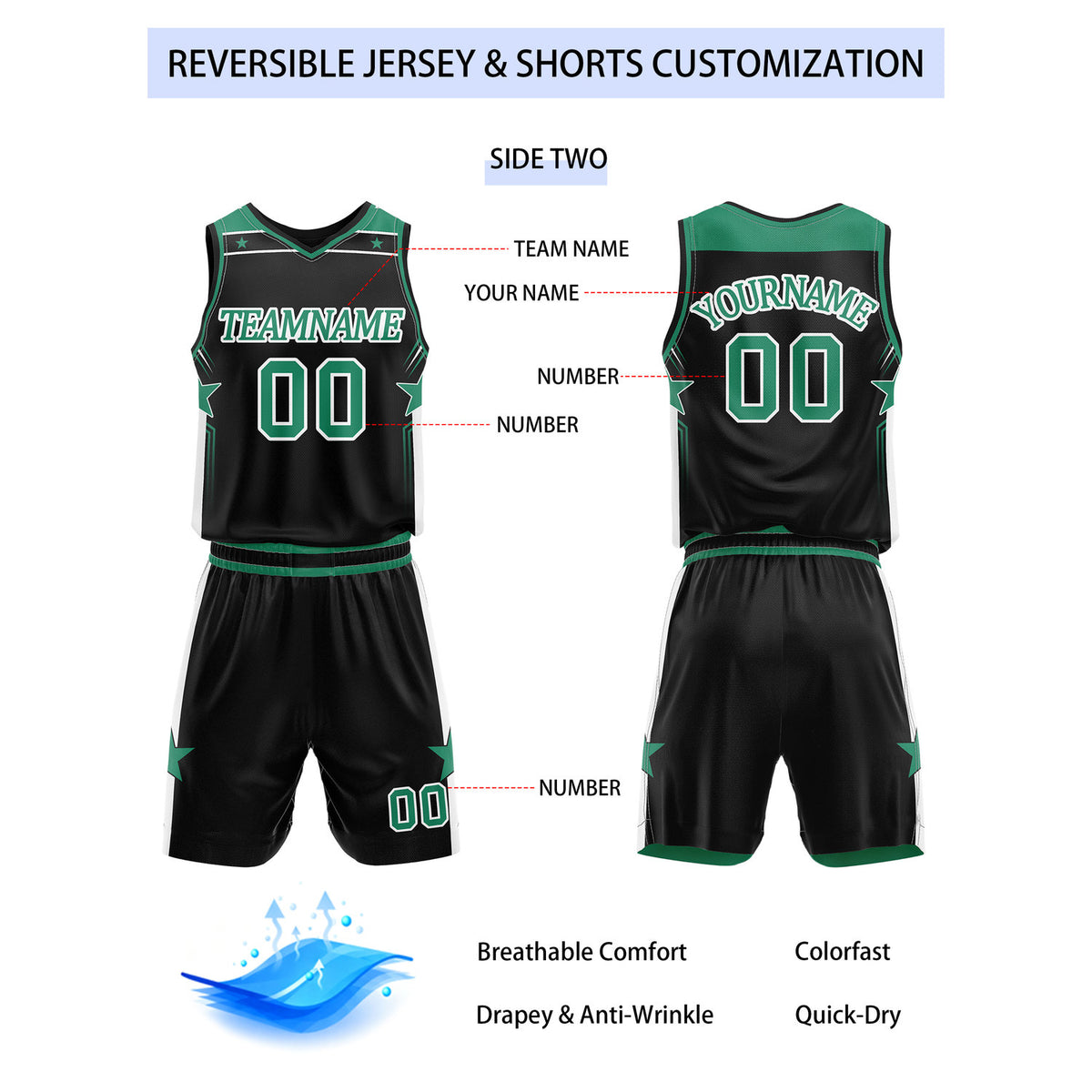 Custom Reversible Green Black Star Basketball Uniform Set | Team Name & Number - Vosoli