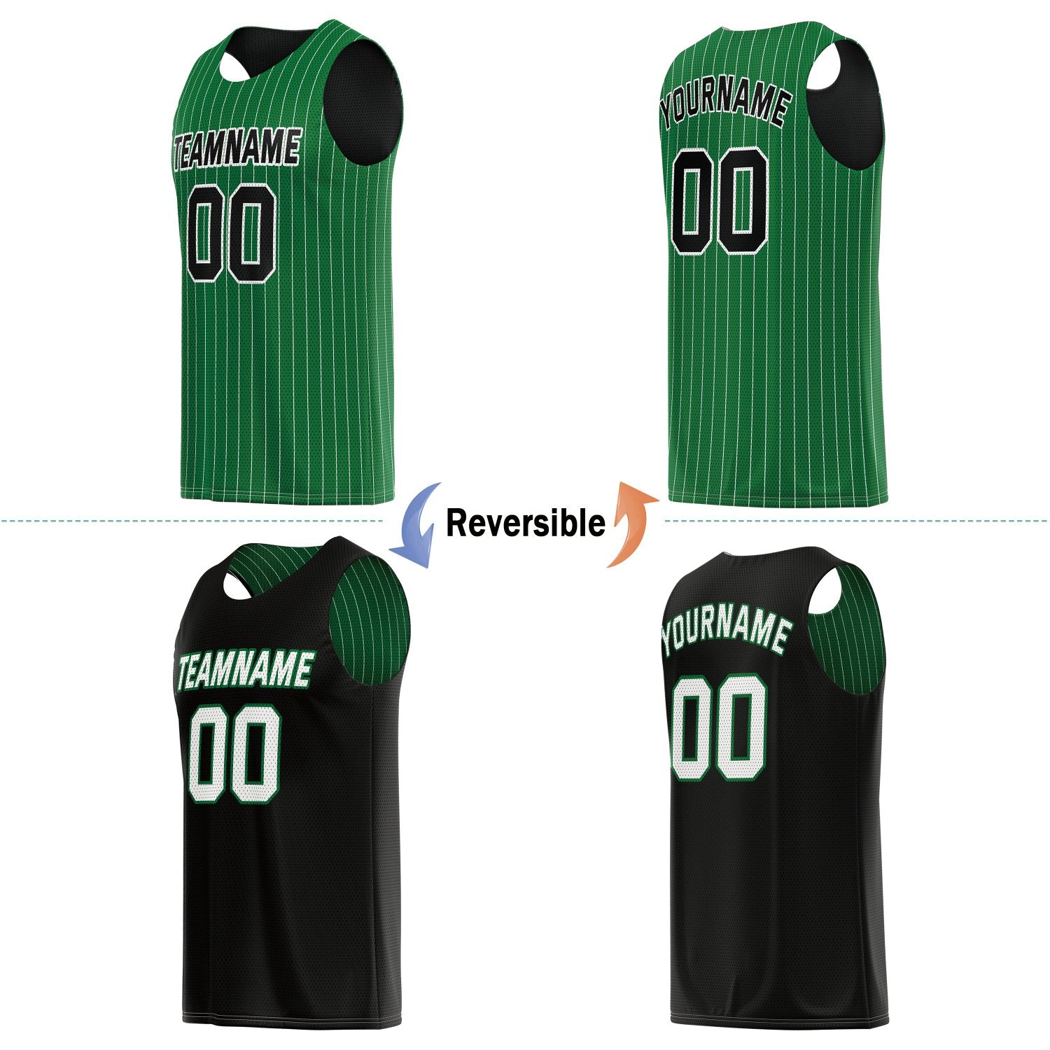 Custom Reversible Green Black Pinstripe Basketball Jersey, Personalized Team Name Number Breathable Mesh Uniform for Men Women Youth
