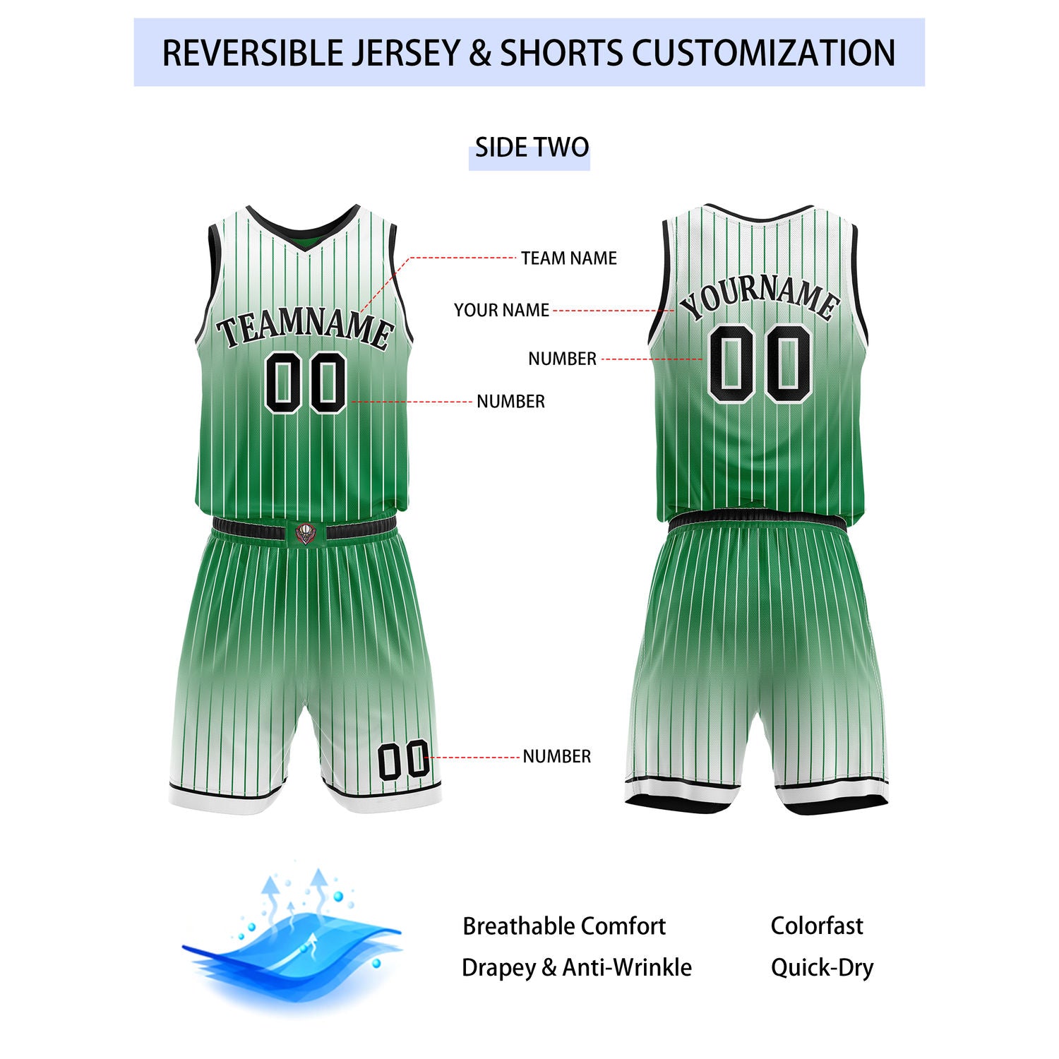 Custom Reversible Green Black White Gradient Striped Basketball Uniform Set | Team & Player Name - Vosoli