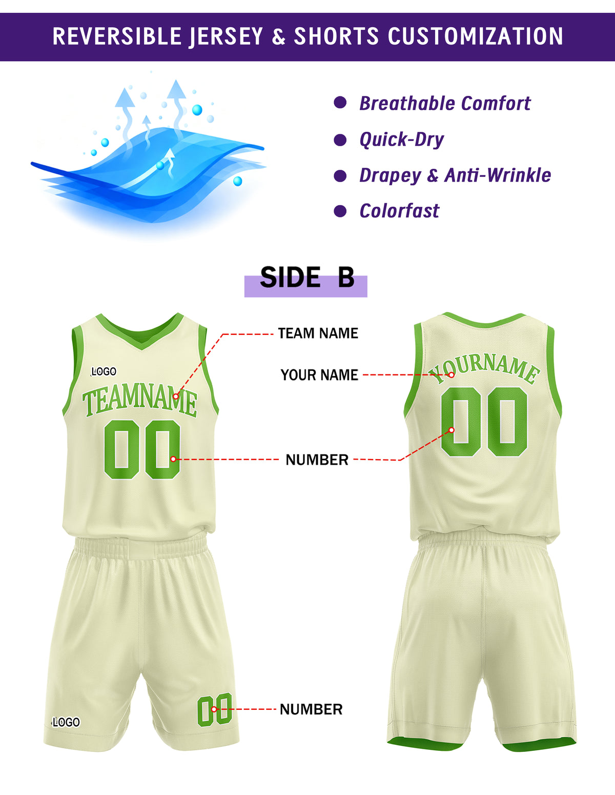 Custom Reversible Green Cream Basketball Uniform Set | Team Name & Number - Vosoli