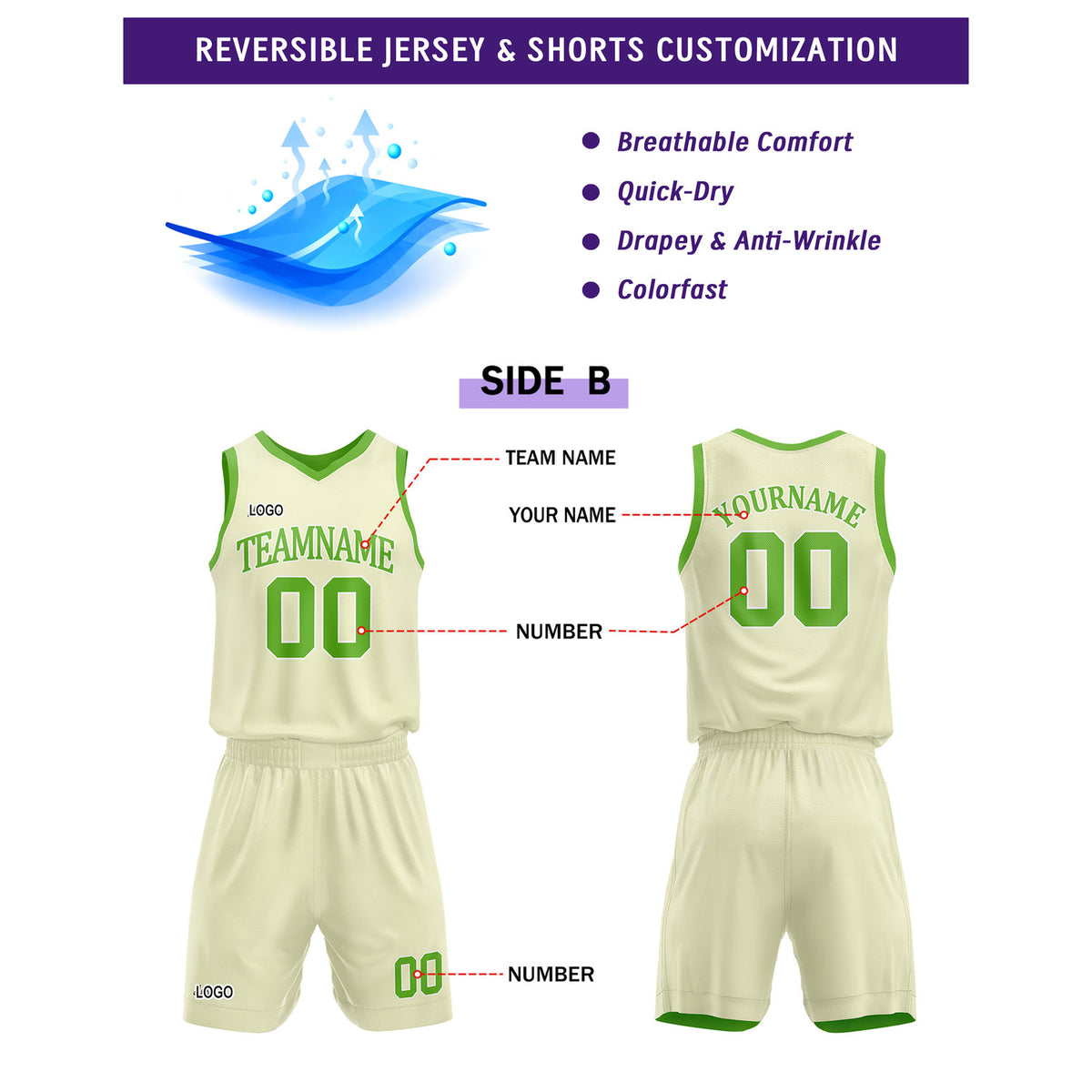 Custom Reversible Green Cream Basketball Uniform Set | Team Name & Number - Vosoli