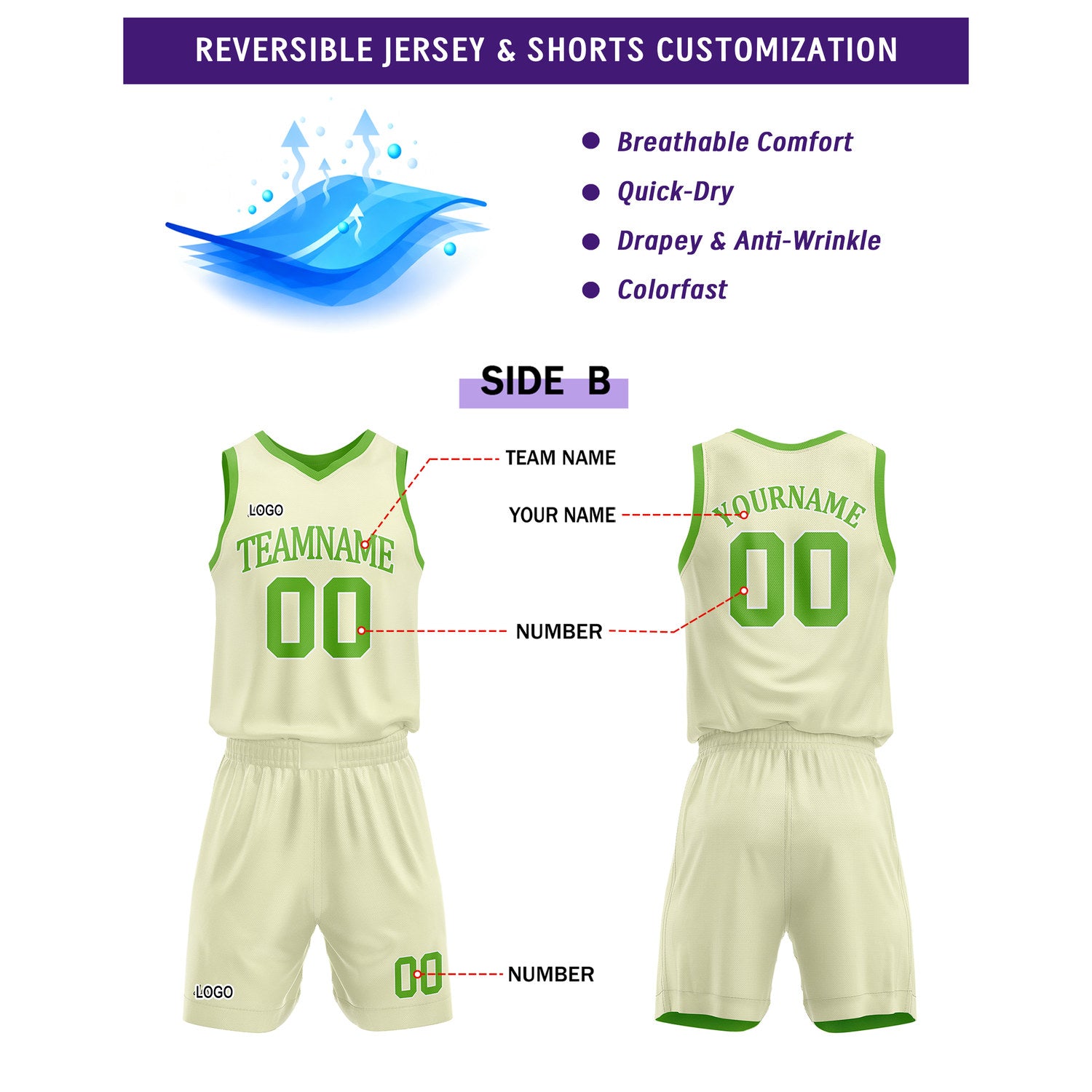 Custom Reversible Green Cream Basketball Uniform Set | Team Name & Number - Vosoli