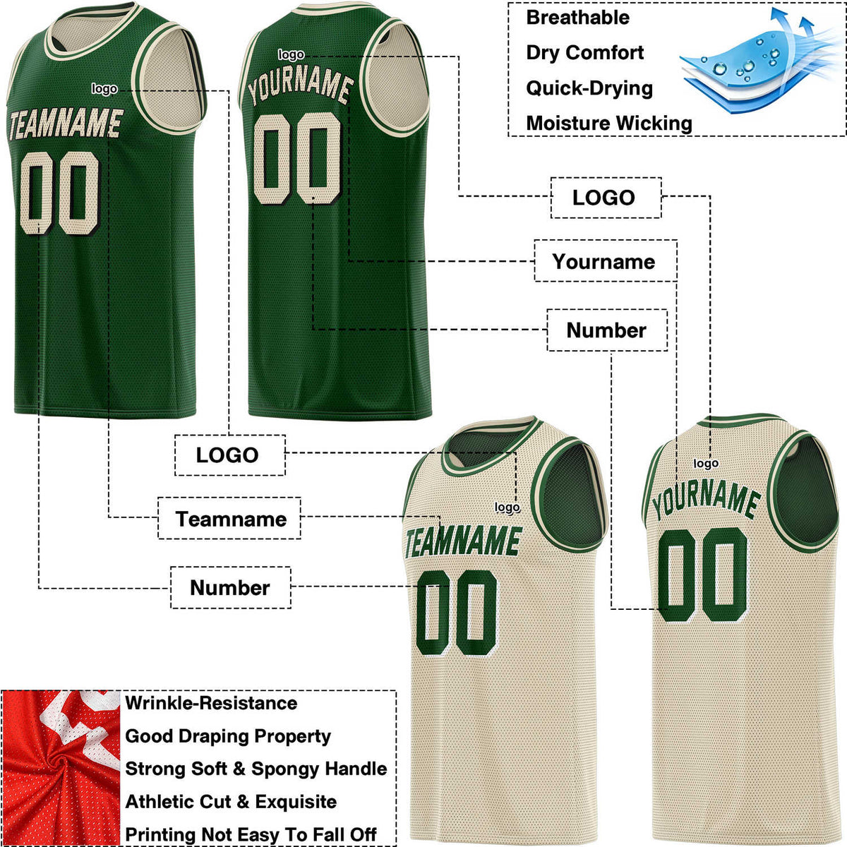 Custom Reversible Green & Cream Mesh Basketball Jersey | Personalized Team Jersey | Vosoli