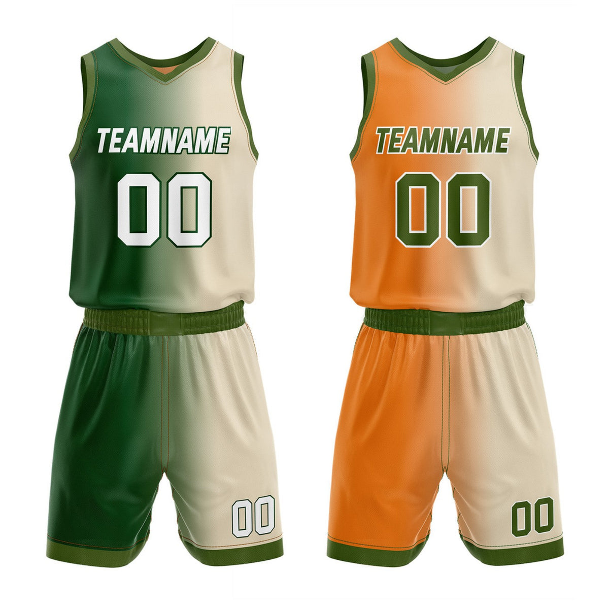 Custom Reversible Green Cream Orange Basketball Uniform Set | Team &amp; Player Name - Vosoli
