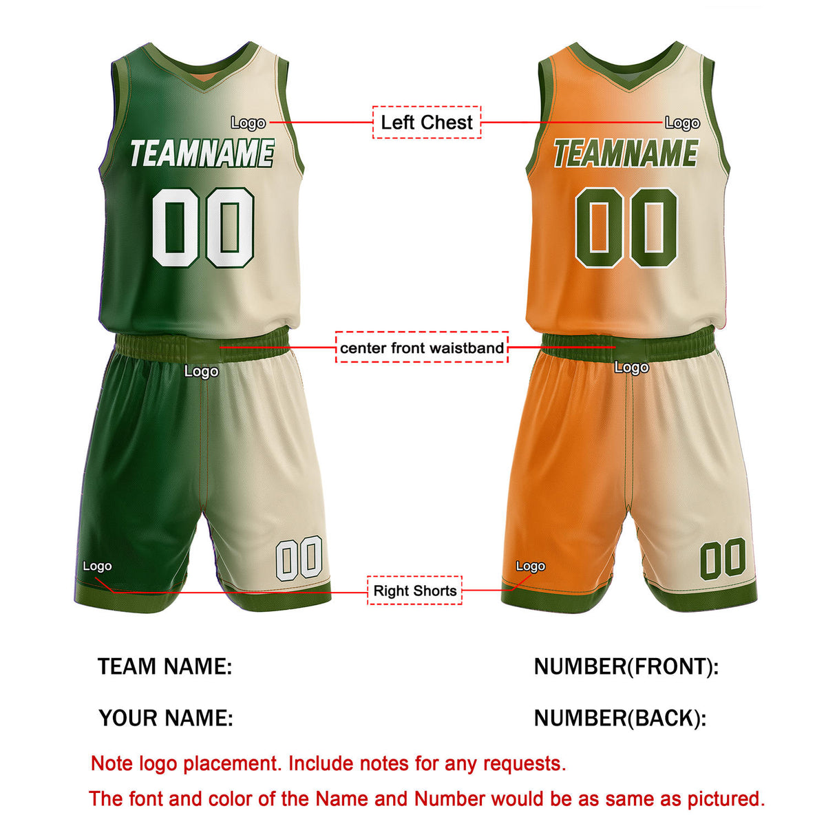 Custom Reversible Green Cream Orange Basketball Uniform Set | Team & Player Name - Vosoli