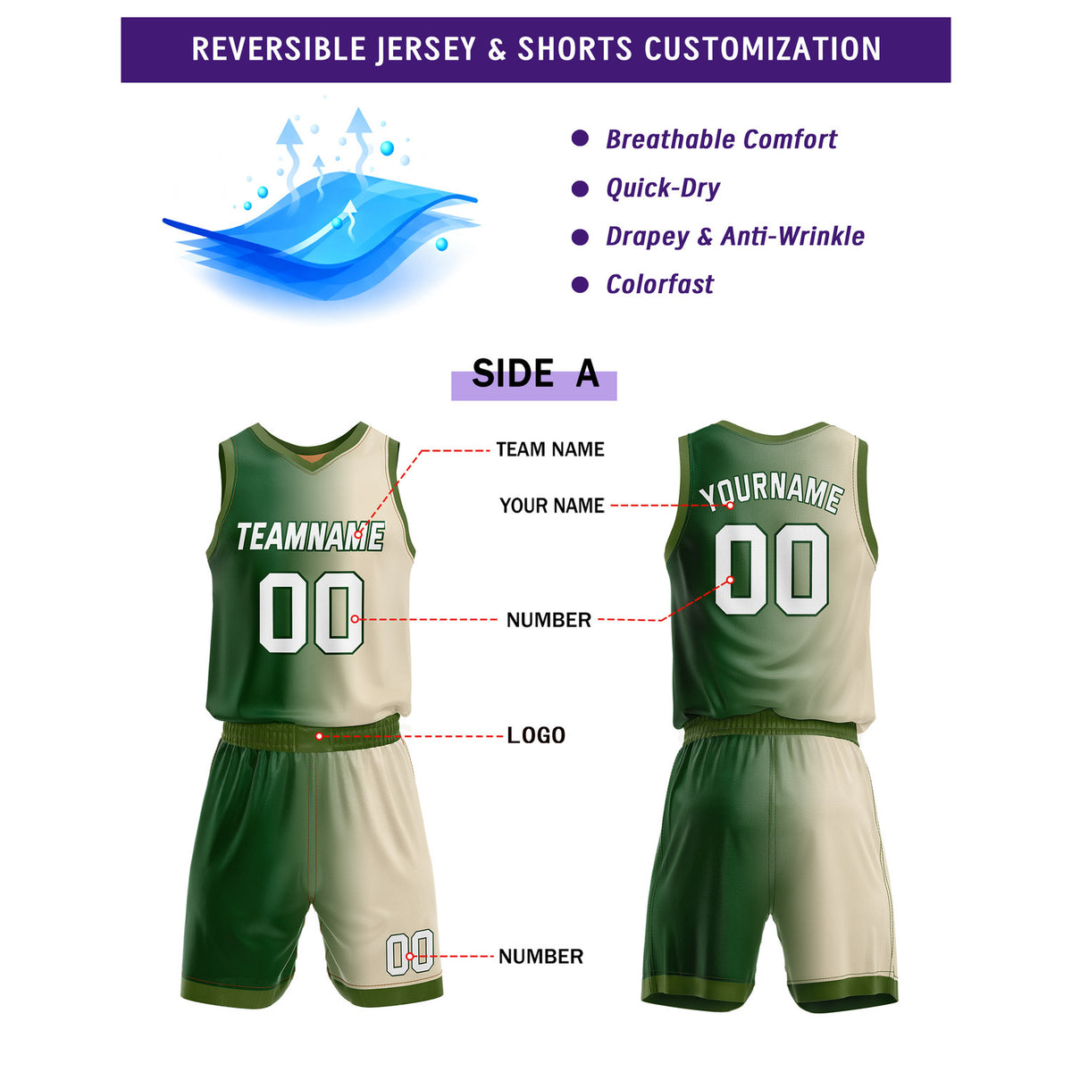 Custom Reversible Green Cream Orange Basketball Uniform Set | Team & Player Name - Vosoli